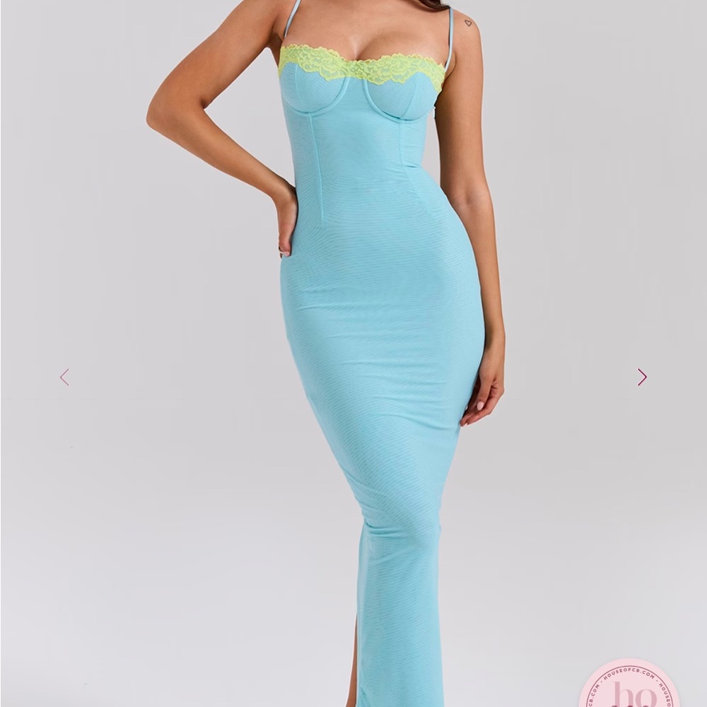 House of CB AIZA Ocean Blue Contrast Lace Maxi Dress